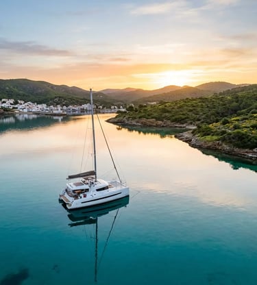 White catamaran anchored alone in glassy calm bay at dawn near Fornells Menorca