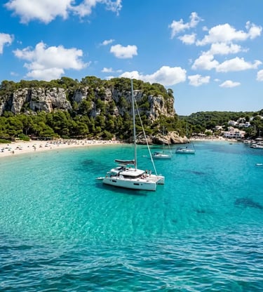 White catamaran anchored in turquoise waters of Cala Galdana Menorca