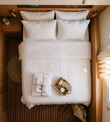 Overhead view of luxury catamaran double cabin with white linen and amenities
