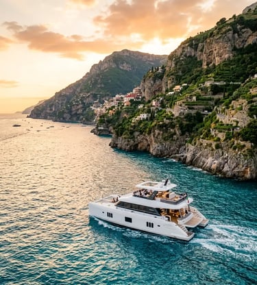 Luxury power catamaran cruising along the Amalfi Coast cliffs at golden hour sunset