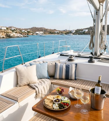 Luxury catamaran deck with Greek mezze platter and white wine overlooking turquoise Aegean waters