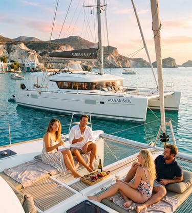 Couples relaxing with wine on premium catamaran deck near Milos cliffs at sunset