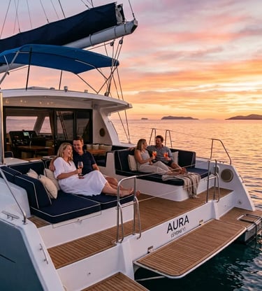 Two couples relaxing with drinks on catamaran stern at golden hour sunset