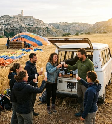 Travelers toasting with sparkling wine by vintage van in wheat field after Matera balloon ride.