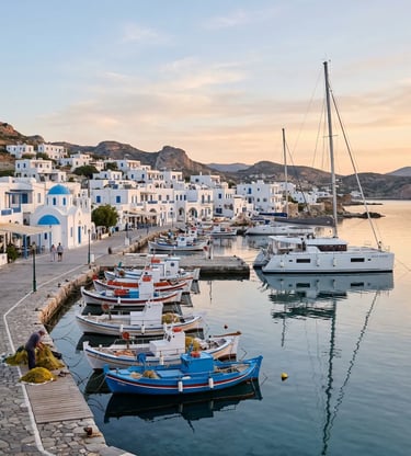 Traditional Pollonia harbor in Milos Greece with fishing boats and luxury catamaran at sunrise