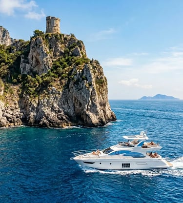 Luxury yacht cruising past Punta Campanella watchtower on a dramatic rocky cliff