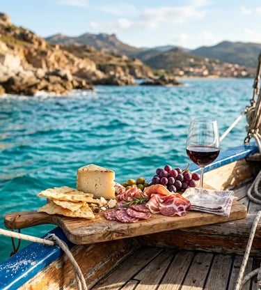 Sardinian pecorino cheese cured meats and wine served on a boat deck
