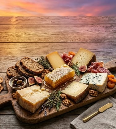 Artisan Lika mountain cheese board with honeycomb walnuts and herbs at sunset dining setting