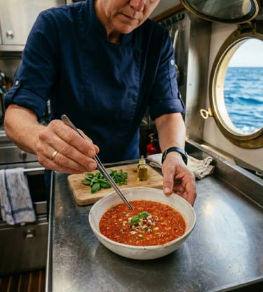 Chef plating fresh gazpacho starter in yacht galley kitchen with Mediterranean Sea porthole view