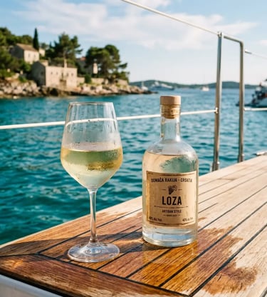 All-inclusive wine and Croatian rakija on a private boat tour deck near Dubrovnik