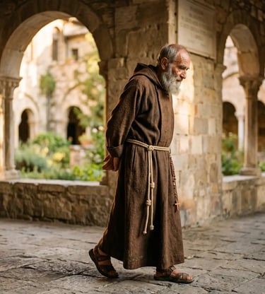 Elderly Capuchin monk in brown habit walking through sunlit stone cloister in Italy