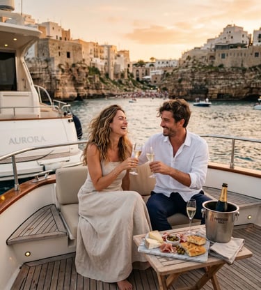 Couple toasting prosecco on private yacht Aurora at sunset in Polignano a Mare cliffs background