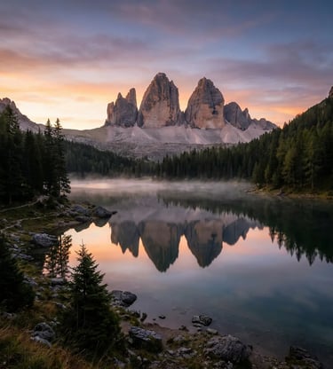 Tre Cime di Lavaredo at golden sunrise reflected in misty Alpine lake, Dolomites
