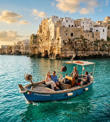Wooden boat Stella Marina with tourists on turquoise Adriatic water near limestone cliffs