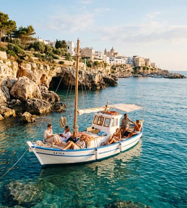 Small white boat Luna anchored in turquoise Adriatic water near Puglia coastline