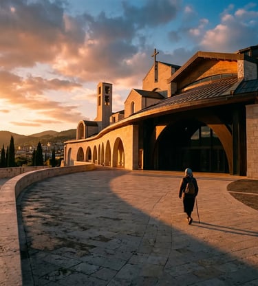 Elderly pilgrim with a cane walking alone toward the Padre Pio sanctuary at golden hour