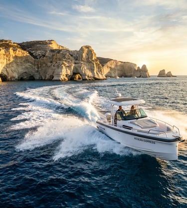 Onboard Mediterranean catering with grilled octopus, feta salad, and white wine on luxury boat Milos