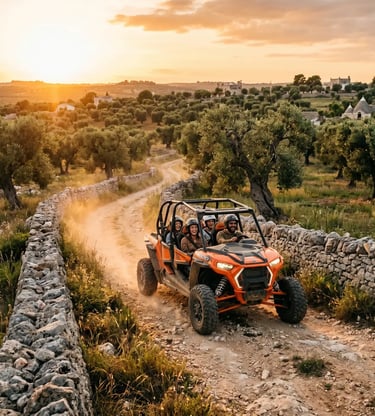 Orange off-road buggy with four passengers on dirt trail, trulli and olive groves at golden hour