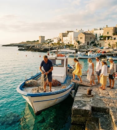 Skipper coiling rope as tourists board wooden boat at Torre Vado harbor, Puglia Italy
