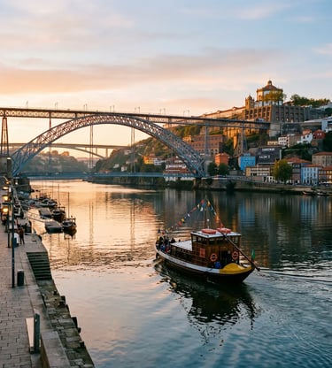 Traditional rabelo cruise boat sailing under Dom Luís I Bridge in Porto at golden sunrise