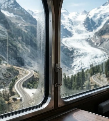  Close-up of train window with glacier and winding alpine road visible through condensation