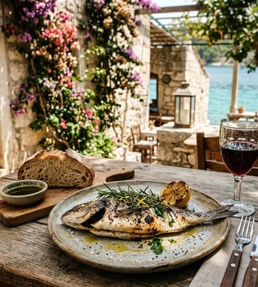 Grilled fish with rosemary and Plavac Mali wine at a stone konoba on Vis Island