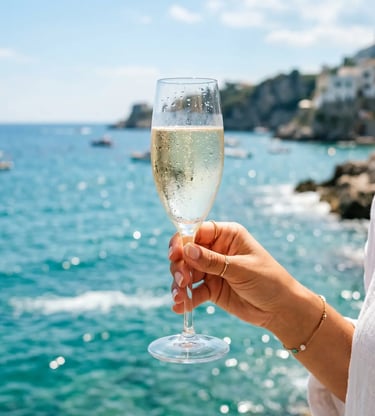 Woman holding cold prosecco glass on Adriatic Sea with rocky coastline in background