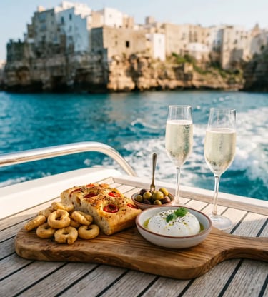 Apulian aperitif with focaccia, taralli, burrata and prosecco on yacht near Polignano a Mare cliffs