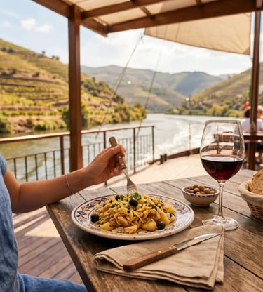 Bacalhau à brás and Douro red wine served on boat deck overlooking terraced vineyards
