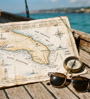 Vintage nautical map of Salento coastline Apulia with compass and sunglasses on boat deck
