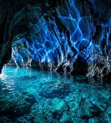 Electric blue light reflecting on limestone walls inside sea cave, Polignano a Mare