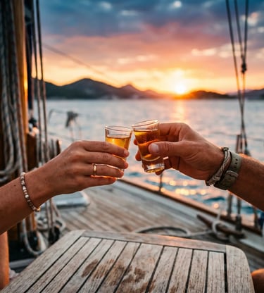 Two hands raising shot glasses on sailboat deck with Adriatic sunset in background