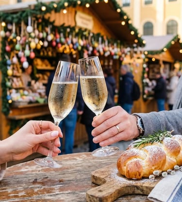 Two hands toasting Prosecco flutes at Vienna Easter Market with Osterpinze bread on wooden board
