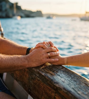 Close-up of couple's intertwined hands with wedding rings on boat at golden hour