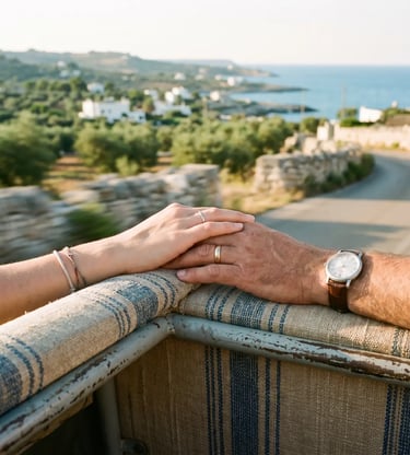 Two hands touching on Ape Calessino seat with Puglia coastline in background