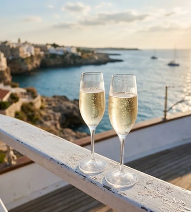 Two Prosecco flutes on white railing overlooking Puglia limestone coast at golden hour