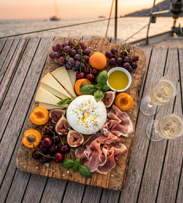 Wooden board with burrata, prosciutto, figs, cherries and Champagne on a boat deck at sunset