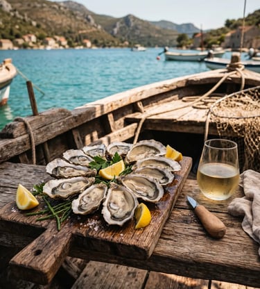 Fresh Mali Ston oysters with lemon and white wine on wooden boat in Pelješac bay, Croatia