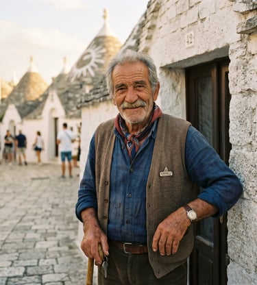 Elderly local guide standing in Alberobello trulli alley, Puglia Italy