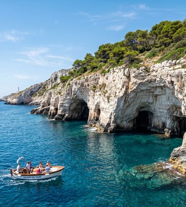 Limestone sea caves and cliffs along Salento coast near Santa Maria di Leuca lighthouse from tour boat