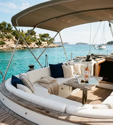 Shaded cockpit with sun cushions on private sailboat anchored in Menorca cove