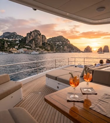 Sunset aperitif cocktails on luxury catamaran deck with Capri Island and Faraglioni rocks view