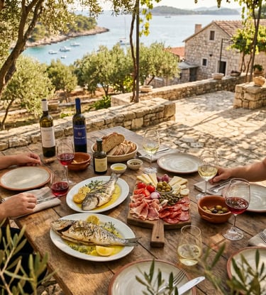 Traditional Croatian lunch with grilled fish wine and charcuterie at Colnago winery Pakleni