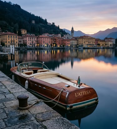 Classic Riva wooden boat moored at Como waterfront with pastel buildings at sunset