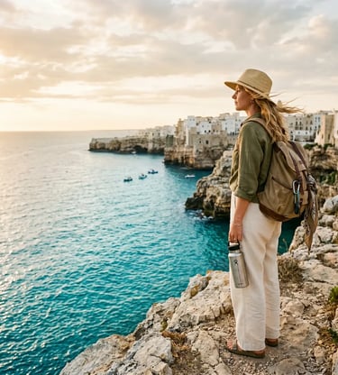 Woman with sun hat and refillable bottle on cliff above turquoise sea in Puglia, Italy