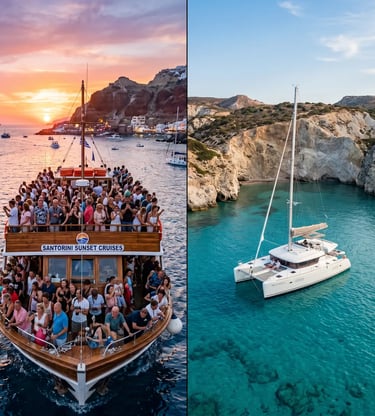 Comparison of packed Santorini tourist boat versus private catamaran in secluded Milos cove