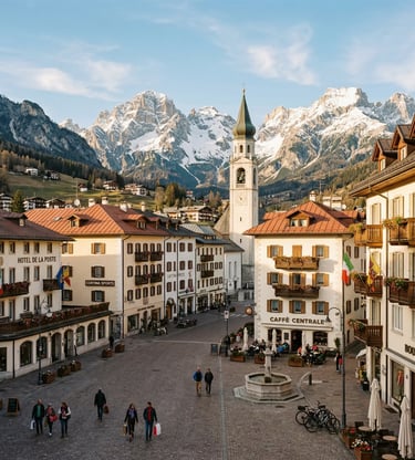 Cortina d'Ampezzo cobblestone piazza with alpine church and snowy mountains