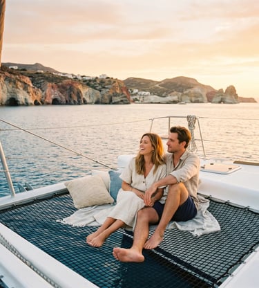 Couple in linen clothing relaxing on catamaran net at sunset, Milos coastline private sailing tour