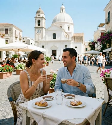 Couple drinking espresso at outdoor table in Capri Piazzetta with white church behind