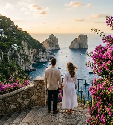 Couple at Capri viewpoint overlooking Faraglioni rocks during Capri boat tour free time at sunset